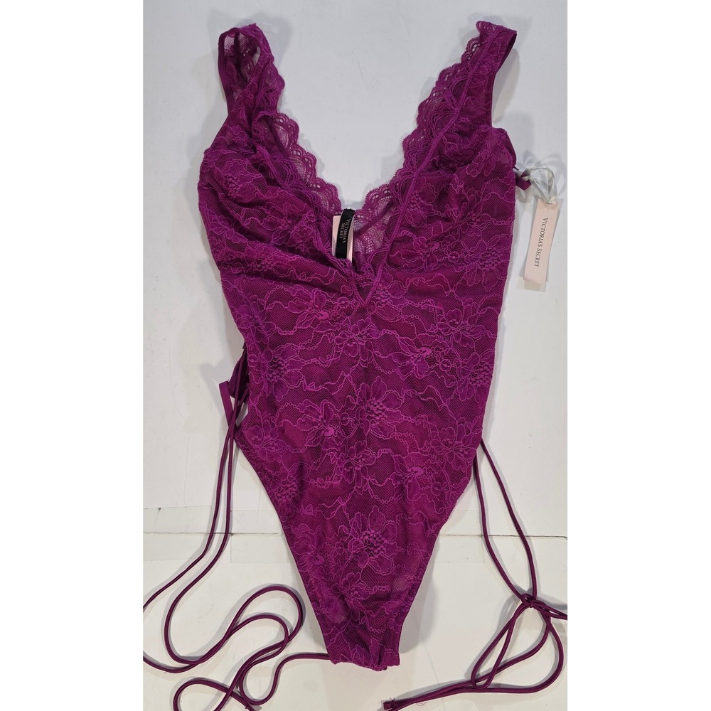 Victorias Secret Floral Lace Bodysuit Magenta Purple Lace Up Side Lingerie L